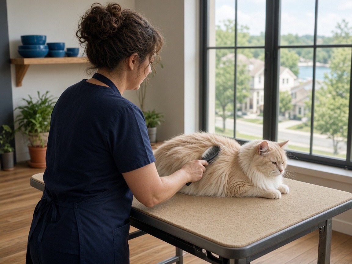 Petoriaa caretaker brushing a cream cat in the Roseville studio