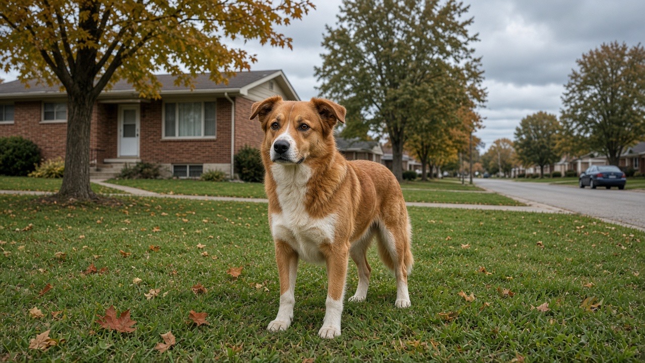 A copper-coated dog on a Roseville, Michigan lawn near East 13 Mile Road